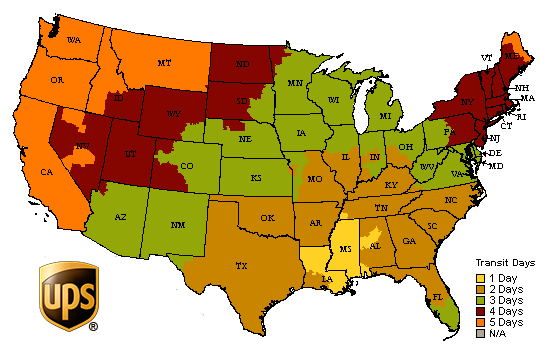 UPS Shipping Transit Times Map of the US showing transit times for UPS shipments